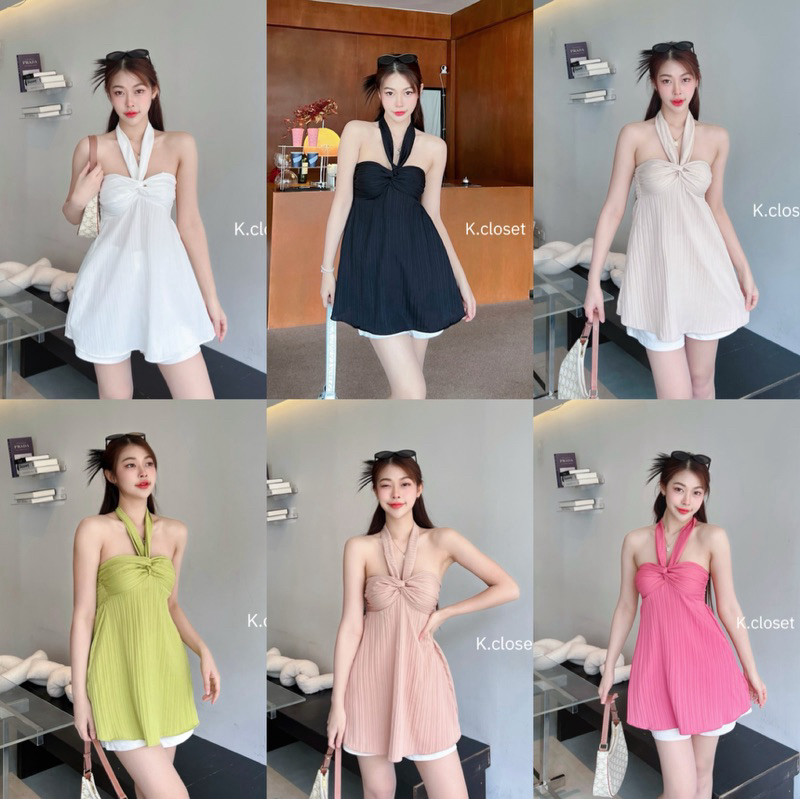 เสื้อเกาะอก คล้องคอทรงยาวพรางหุ่น ใส่ได้ 2 แบบ สายถอดได้✨(เสื้อ)