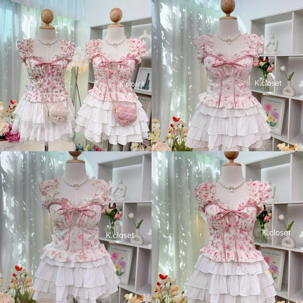 เสื้อครอปแขนตุ๊กตาผ้าพิมพ์ลาย สาวอวบใส่ได้อก 38 โทนหวานละมุนมากค่า ผู้หญิง Women Clothing (เสื้ออย่างเดียว)