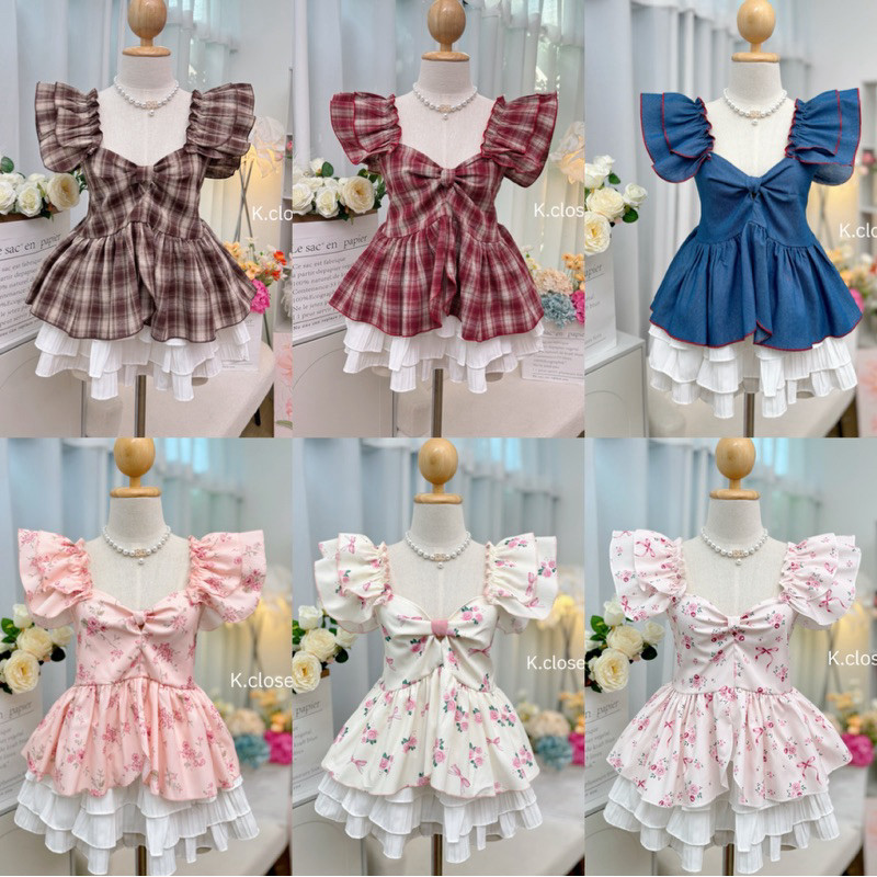 เสื้อปาดไหล่แต่งระบาย (สาวอวบใส่ได้อกถึง40)ผ้าลายสก็อต เสื้อปาดไหล่ลายดอก