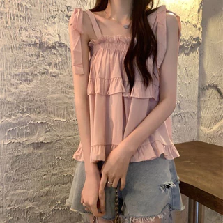 เสื้อสายเดียวคอเหลี่ยมผูกไหล่ ทรงเรียบๆน่ารักสไตล์เกาหลี