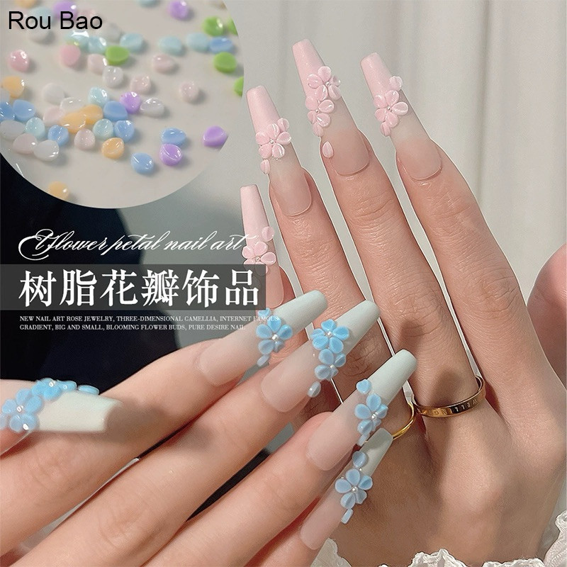 Rou Bao 100 ชิ้นเล็บเรซิ่นกลีบฤดูใบไม้ผลิ Macaron สีดอกไม้ DIY เล็บ Art Charms ตกแต่ง