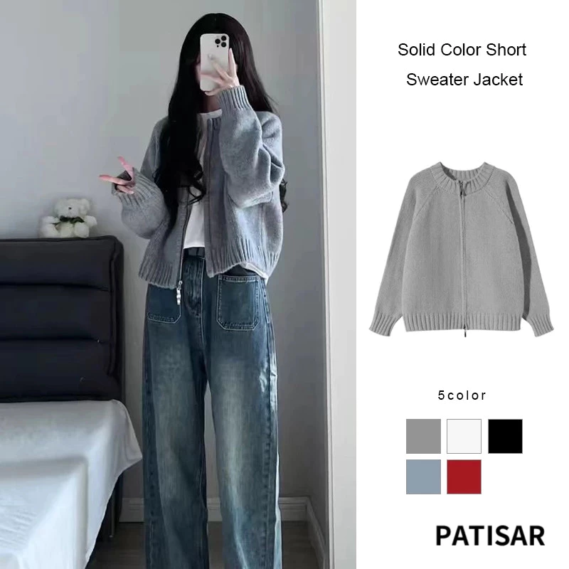 สีทึบสั้นเสื้อกันหนาว Double Zipper ถักเสื้อสเวตเตอร์ถักผู้หญิงหลวมเสื้อแขนยาว PR