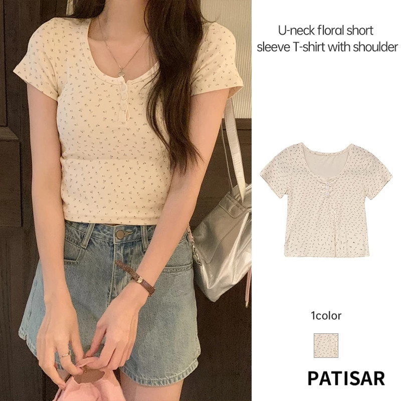พร้อมส่ง เสื้อครอปเเขนสั้นสีนวลลายดอกไม้ สไตล์เกาหลี PR