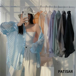 เสื้อเชิ้ตสีพื้น ทรงหลวม เสื้อเชิ้ต แขนยาว สื้อป้องกันแสงแดด สไตล์เกาหลี แฟชั่นฤดูใบไม้ผลิ ผ้ามีแวววาว PR