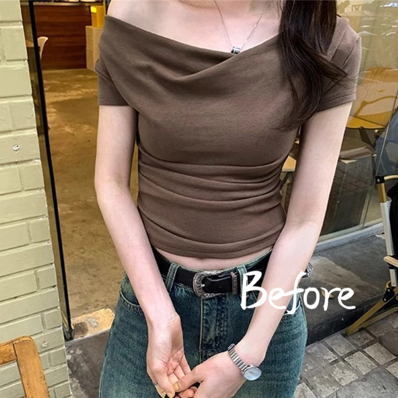 เอว Retraction จีบด้านบนคอวี Bottoming เสื้อผู้หญิงอเนกประสงค์แขนสั้นเสื้อยืด BF