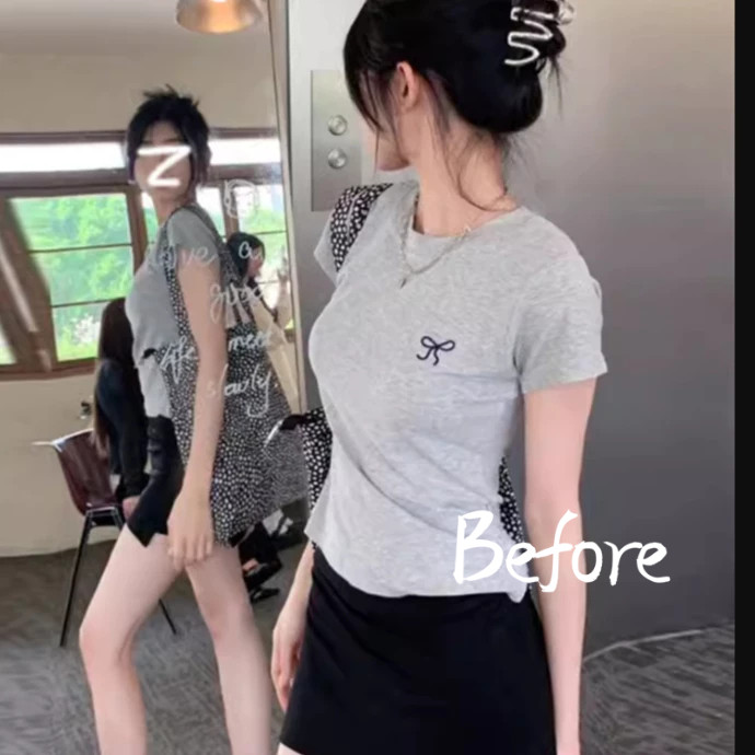 เสื้อยืดแขนสั้นปักโบว์ เสื้อยืดสั้นกระชับสัดส่วน ด้านบนคอกลมสีทึบ BF