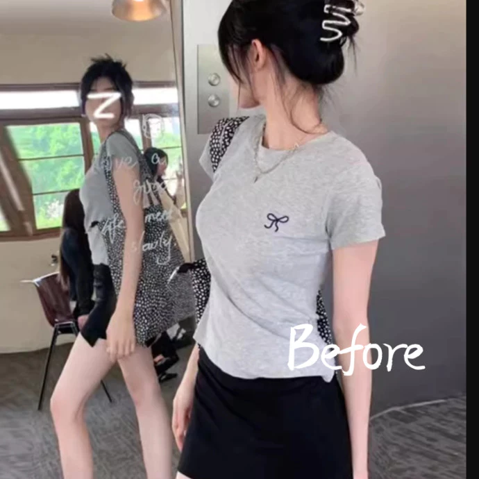 เสื้อยืดแขนสั้นปักโบว์ เสื้อยืดสั้นกระชับสัดส่วน ด้านบนคอกลมสีทึบ BF