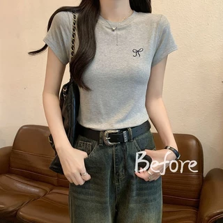 เสื้อยืดแขนสั้นปักโบว์ เสื้อยืดสั้นกระชับสัดส่วน ด้านบนคอกลมสีทึบ BF