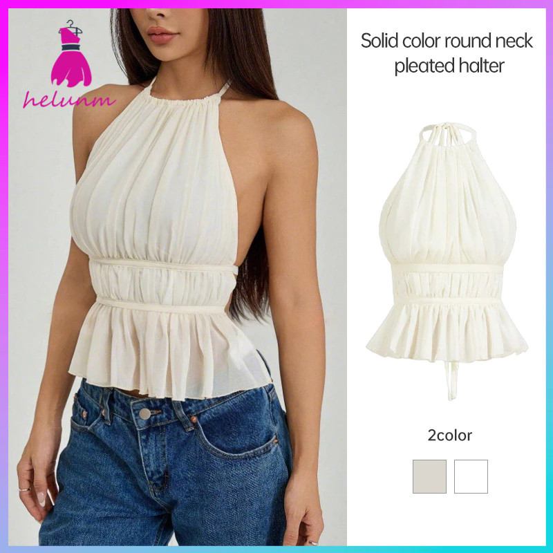 เสื้อกั๊กเซ็กซี่สีทึบรอบคอแขวนคอเสื้อกั๊กผู้หญิงBackless Lace-Up Top