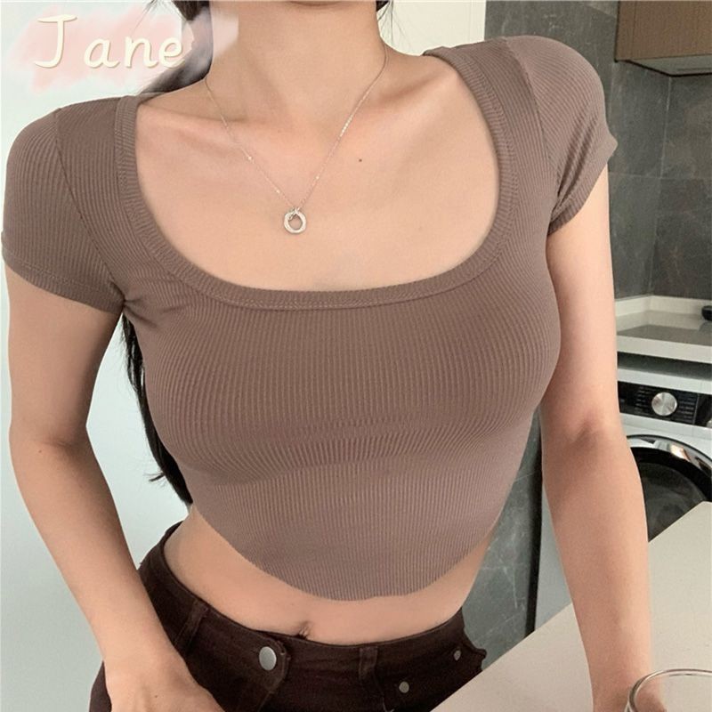 ฤดูร้อนไม่สม่ำเสมอเอวสูงเซ็กซี่สั้นกระชับบางแขนสั้นเกลียวเสื้อยืดผู้หญิง JN - รูปที่ 6