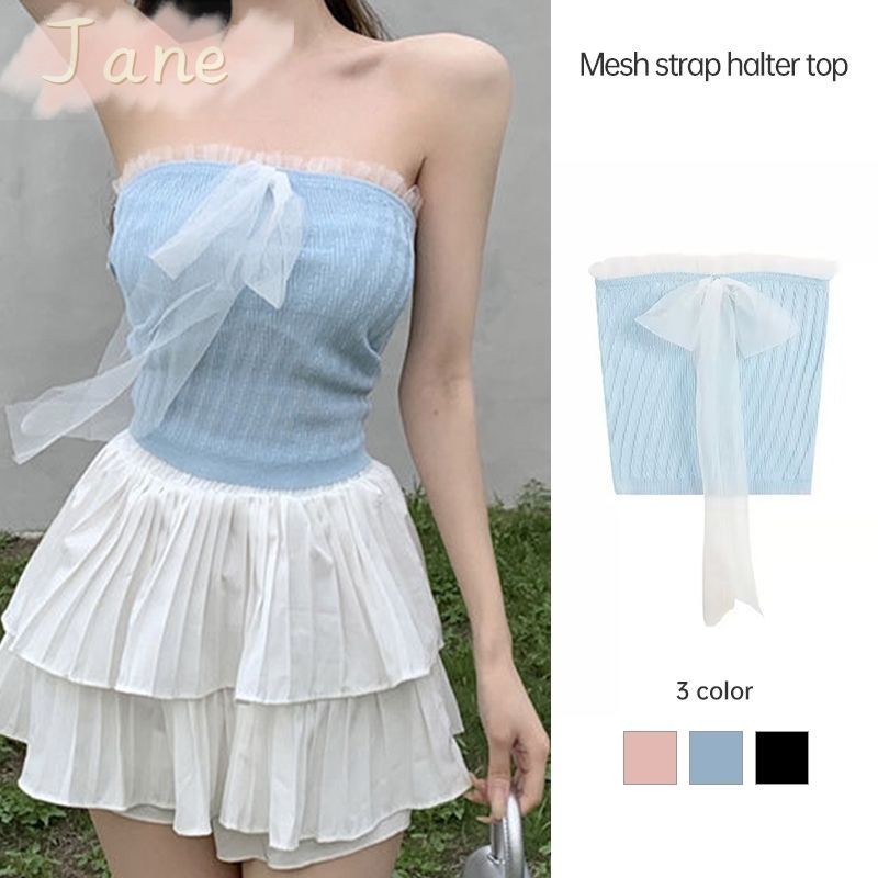 ผ้ากอซลูกไม้แขวนคอหลอดด้านบนผู้หญิงฤดูร้อนเปลือยด้านบนแน่นสั้นด้านบน JN