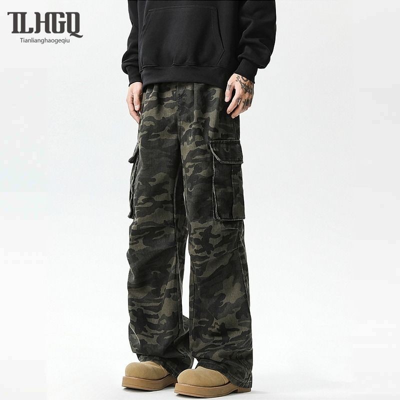TLHGQ กางเกงคาร์โก้ลายพรางสําหรับผู้ชายมีกระเป๋าหลายช่องสําหรับกีฬาฤดูใบไม้ร่วง