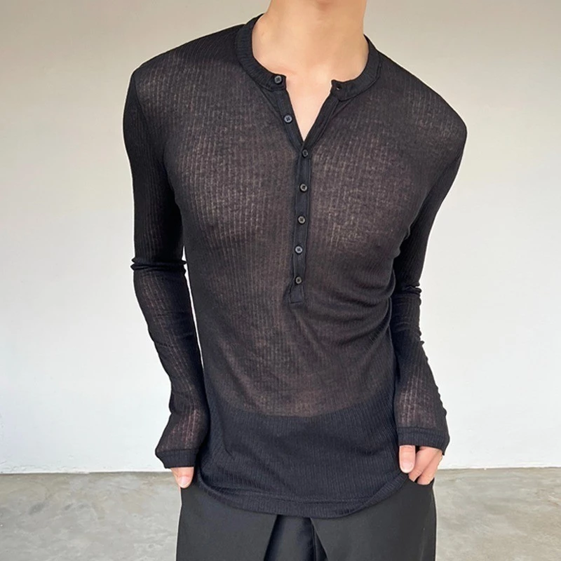 เสื้อยืดตาข่ายซีทรูผู้ชายเสื้อโค้ทแมตช์เซ็กซี่