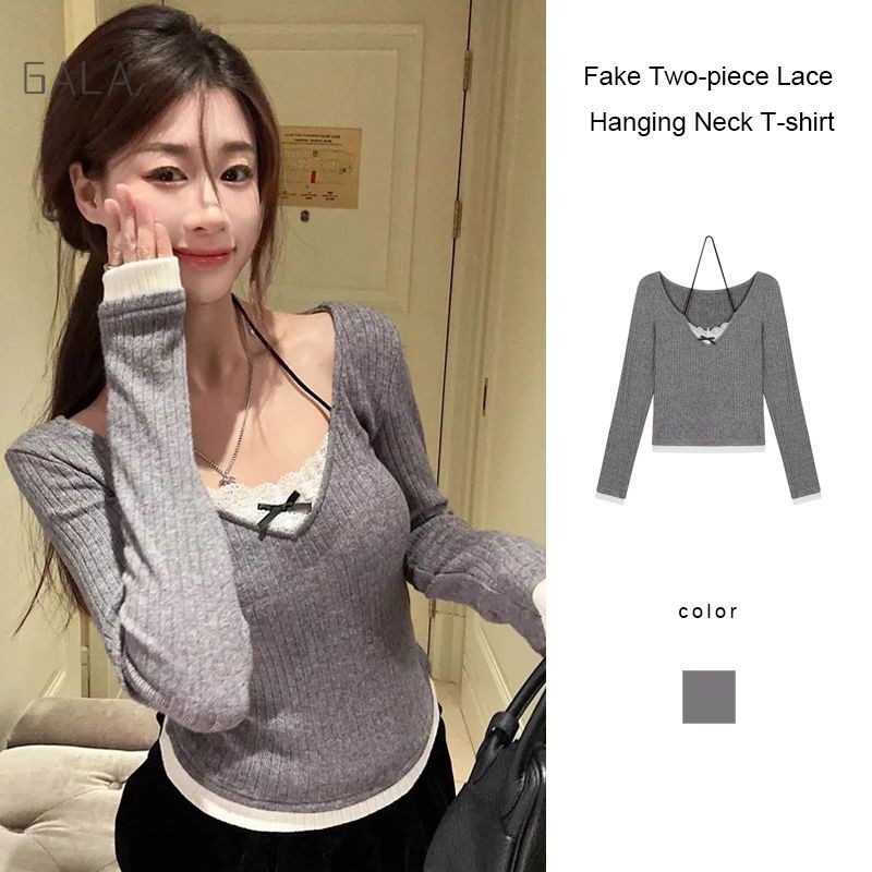 ปลอม 2 ชิ้นลูกไม้แขวนคอเสื้อยืดผู้หญิงเสื้อยืดแขนยาว Slim FITTING เสื้อสั้น GA