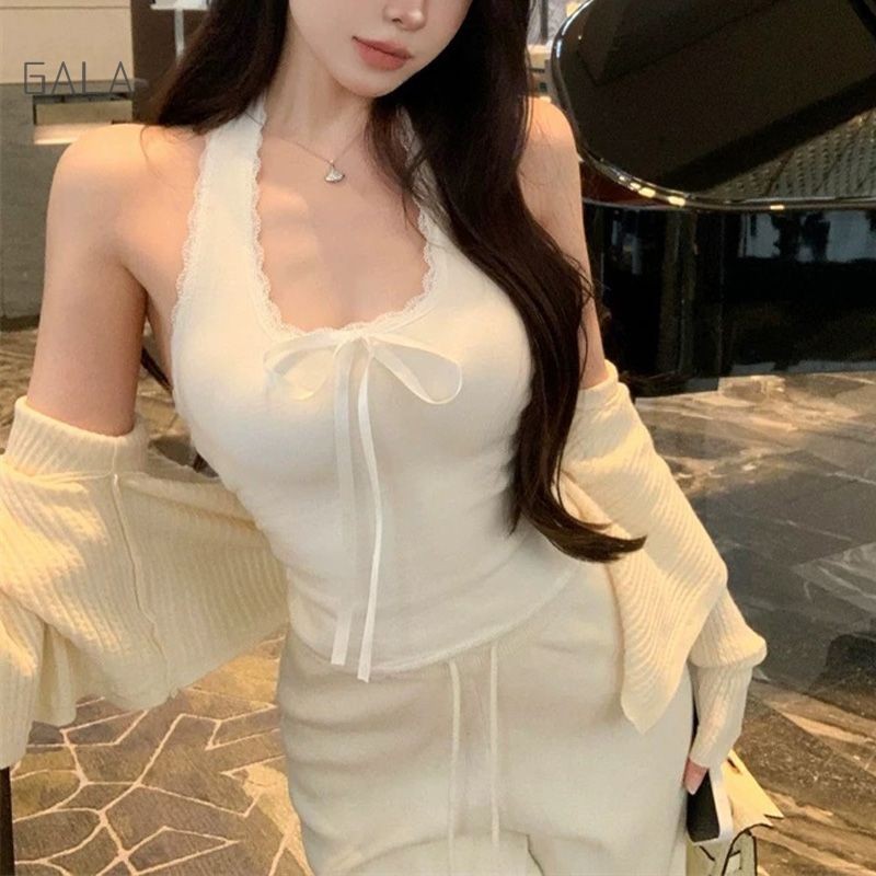 โบว์ห้อยคอยกทรงผู้หญิงขอบลูกไม้ Bottoming เสื้อแขนกุดด้านบน GA