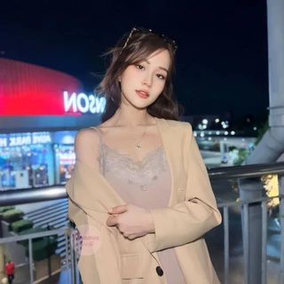 🍒Ninamee เสื้อสายเดี่ยวลูกไม้ผ้าลื่น อก37-44 นิ้ว ซับในลูกไม้ ผ้ายืดสบาย สายเดี่ยวซาติน สาวอวบใส่ได้ รุ่น#NN80