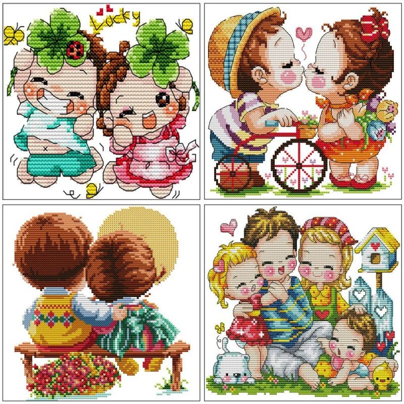 ปักครอสติส ครอสติสแบบปัก เด็กผู้ชายและเด็กผู้หญิง ตัวละคร 14/11CT ผ้าพิมพ์ลาย