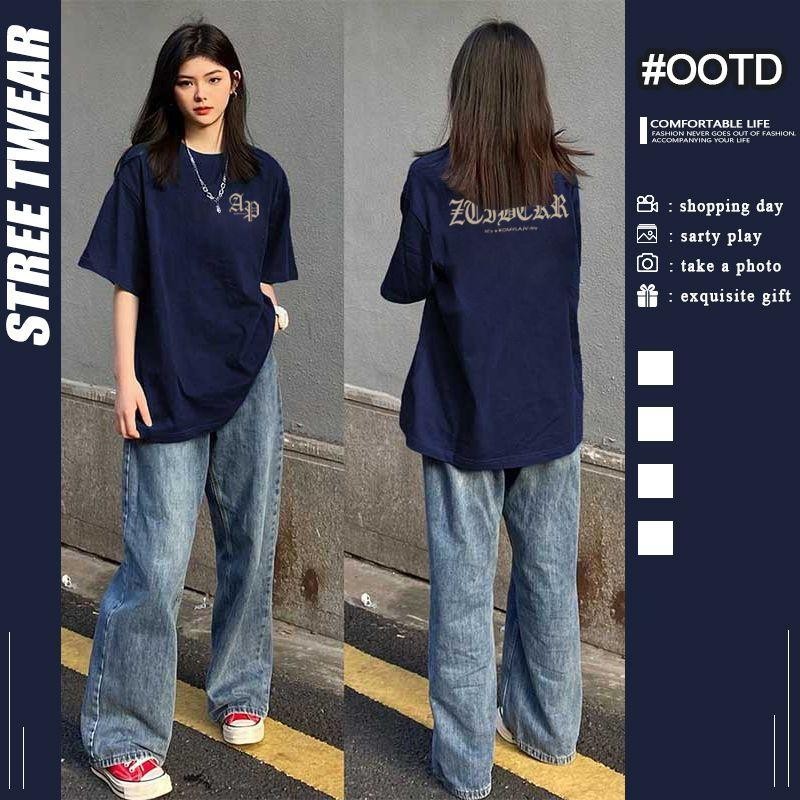 ผ้าฝ้ายฤดูร้อนสไตล์ใหม่แฟชั่นเวอร์ชั่นเกาหลีสีกรมท่าคู่เสื้อยืดแขนสั้นหลวม อิน