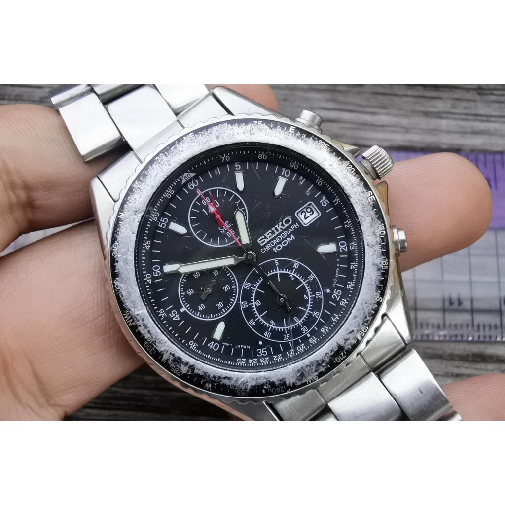 นาฬิกา Vintage มือสองญี่ปุ่น Seiko 7T92 0CF0 Chronograph ผู้ชาย ระบบ Quartz ทรงกลม 44mm ใช้งานได้ปกต