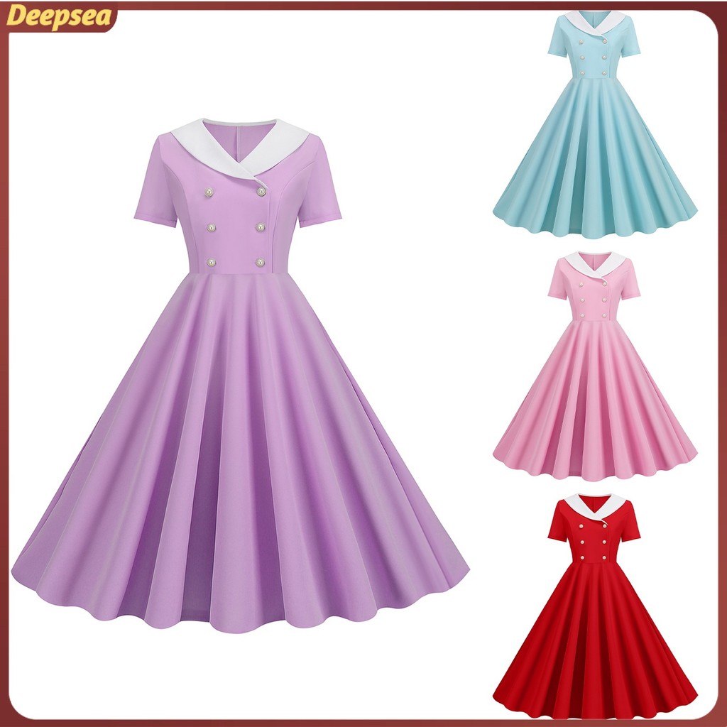 Dpa ที่มองไม่เห็นชุดซิป Vintage ชุดราตรี Vintage 50s A-line ชุดราตรี V คอและปุ่มตกแต่งสําหรับผู้หญิง