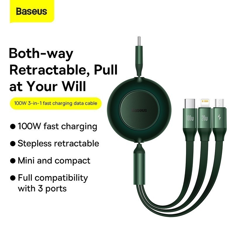 Baseus สายชาร์จ USB Type C 100W 3 IN 1 พับเก็บได้ สําหรับ Samsung Xiaomi i13 12