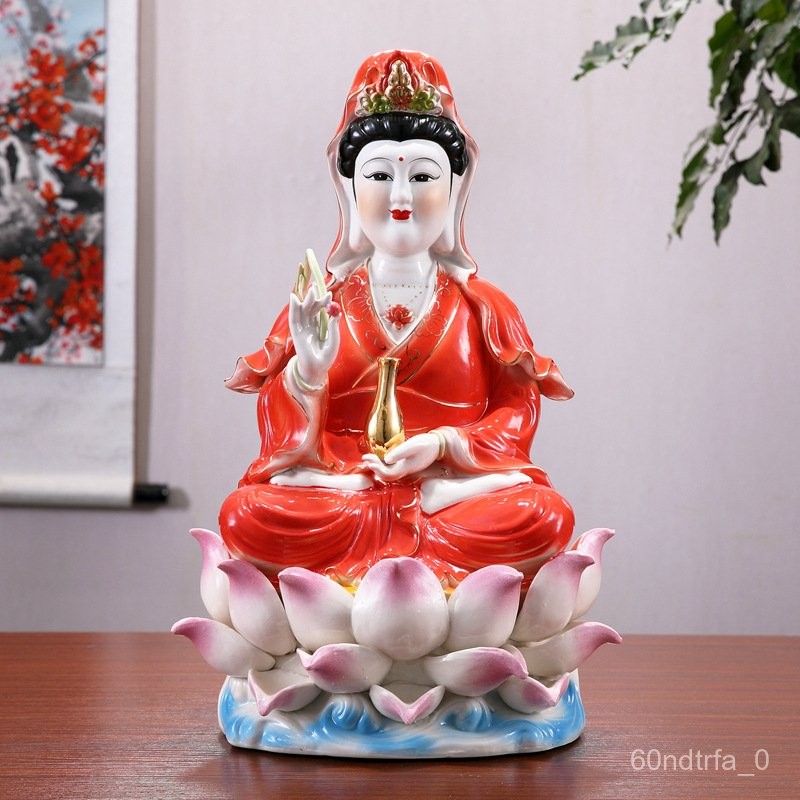 Chaozhou Zhenyi พระพุทธรูปเซรามิก Nanhai เจ้าแม่กวนอิมพระโพธิสัตว์หยกเครื่องลายครามจีนดอกบัวแดงเจ้าแ