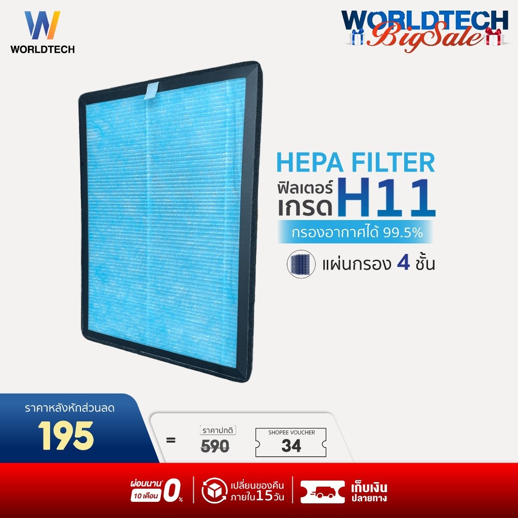 [เก็บโค้ดลด20%] Worldtech ไส้กรอง เครื่องฟอกอากาศ รุ่น WT-P50-Filter ตัวกรอง HEPA11 กรองฝุ่น ควัน PM 2.5