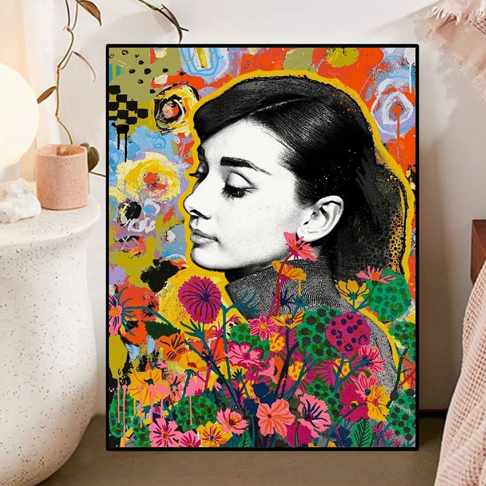 Acandyl, สีน้ํามันตามตัวเลข, 50x65 ซม. พร้อมกรอบ, ชุดจิตรกรรมดิจิตอล, Audrey Hepburn ในสไตล์ Pop Art, สีตามหมายเลข, ภาพวาด DIY Creative, ของขวัญ, ตกแต่งบ้าน