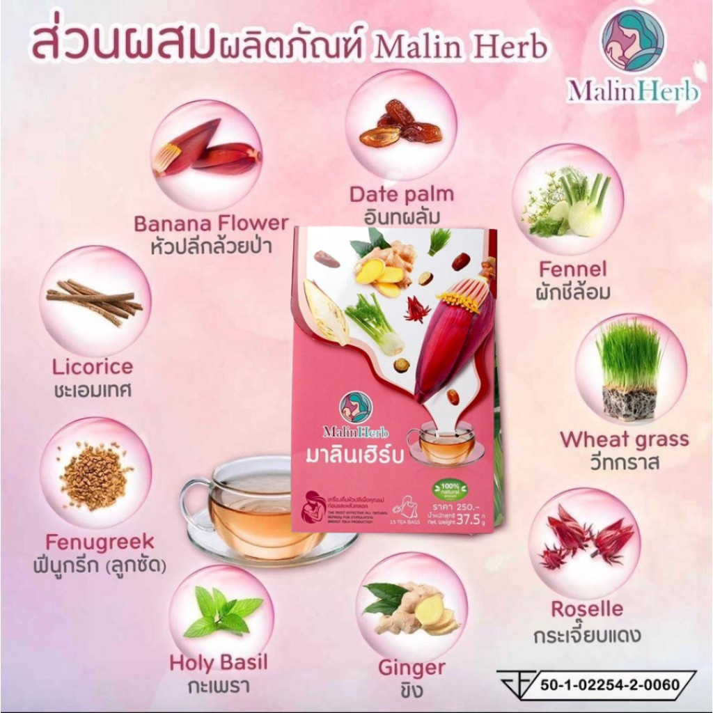 ชาเพิ่มน้ำนมแม่ อุ่นไอรัก ชาหัวปลีกระตุ้นน้ำนม ไม่มีคาเฟอีน ไม่มีน้ำตาล ธรรมชาติ 100% 1กล่องมี15 ซอง Malinherb