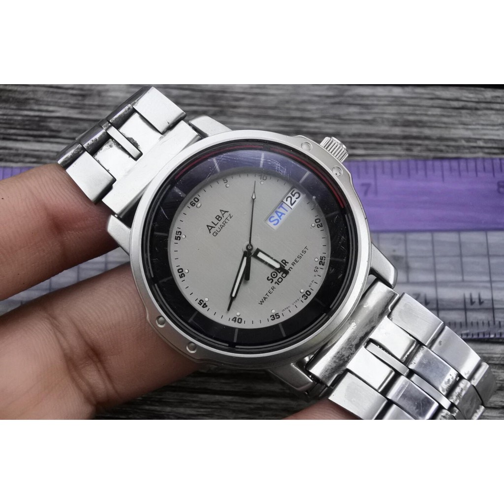 นาฬิกา Vintage มือสองญี่ปุ่น Alba V103 6040 ระบบ QUARTZ ผู้ชาย ทรงกลม กรอบเงิน Solar Power หน้าปัด 4