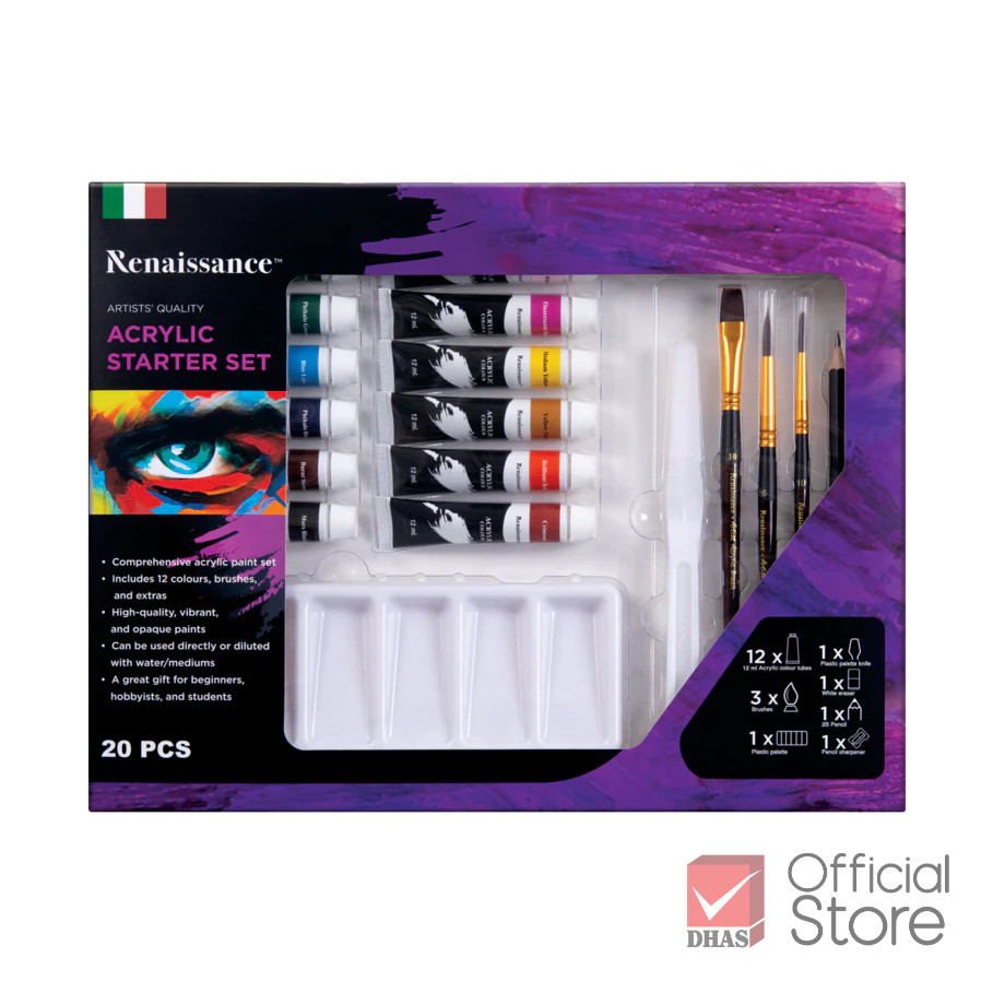 Renaissance ชุดสีอะคริลิค 12 สี พร้อม อุปกรณ์วาดรูป ชุดสตาร์ทเตอร์ 20 ชิ้น จำนวน 1 ชุด