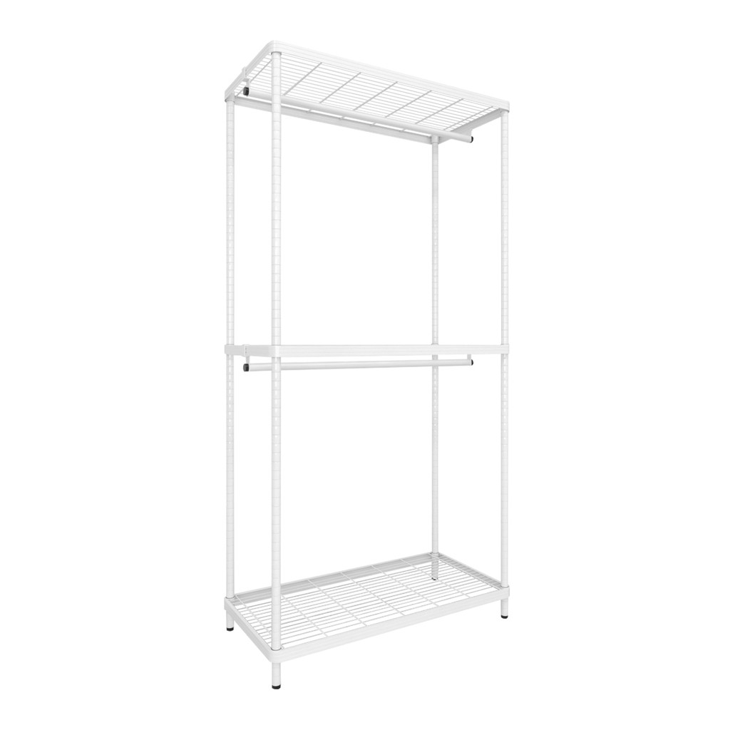 KASSA HOME ราวแขวนตั้งพื้น 2 ชั้น พร้อมชั้นวาง เหล็กพ่น รุ่น LINEAR-LN90-2-6 90x45x180 ซม. สีขาว