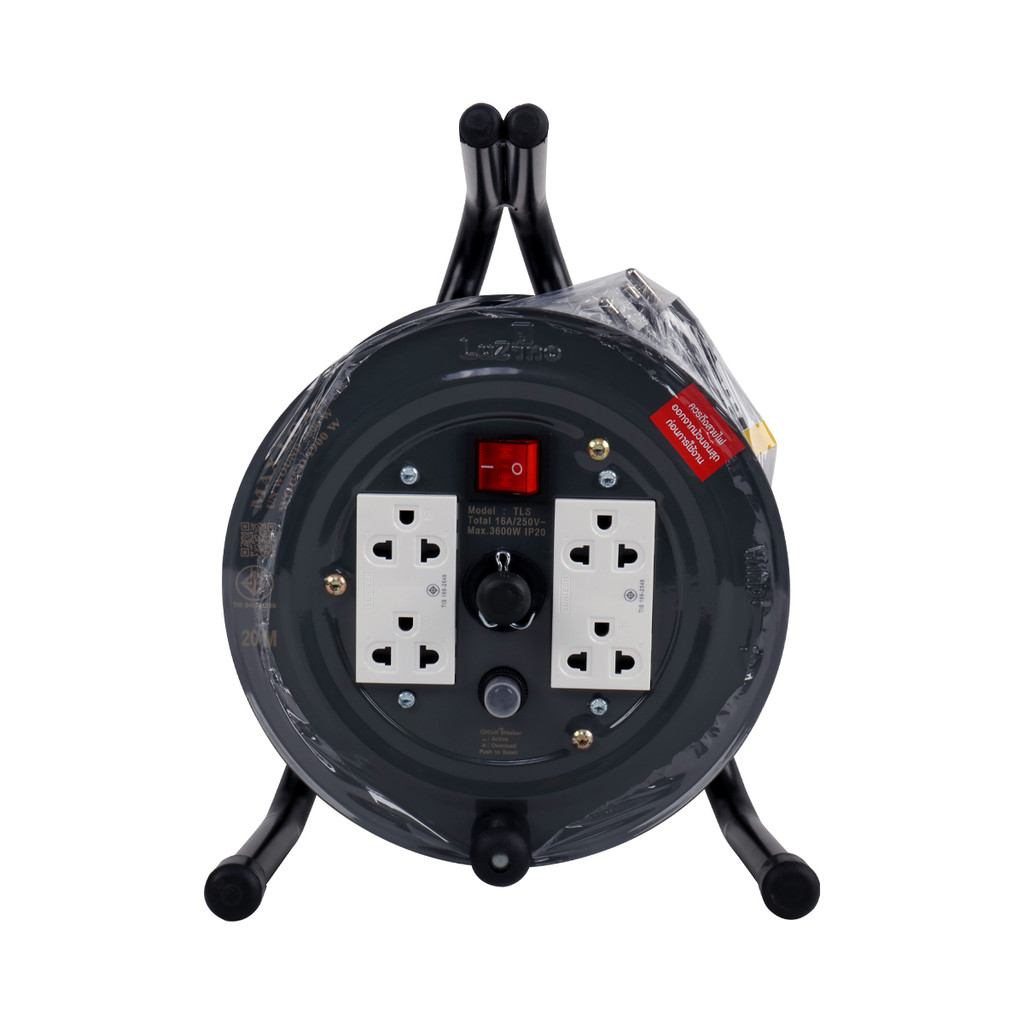 LUZINO ล้อเก็บสายไฟเหล็ก 4 ช่อง VCT3x1.5 รุ่น TLS-1520 ขนาด 20 ม. สีเทา