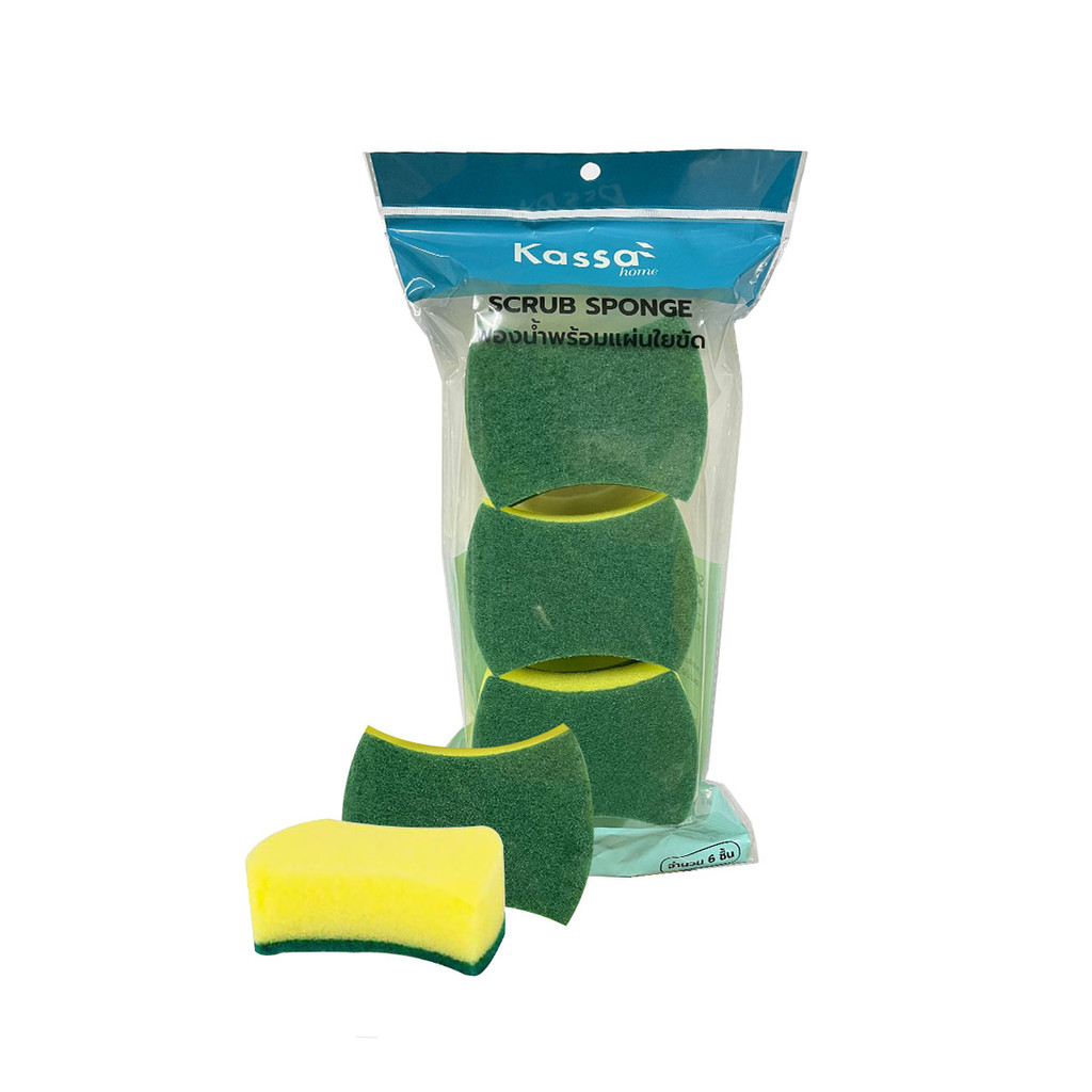 KASSA HOME ฟองน้ำพร้อมใยขัดทรงเว้า (แพ็ก 6 ชิ้น) สีเหลือง - เขียว
