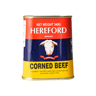 เนื้อวัวหมักเกลือ อัดแน่นอยู่ในกระป๋อง Hereford Corned Beef 340G