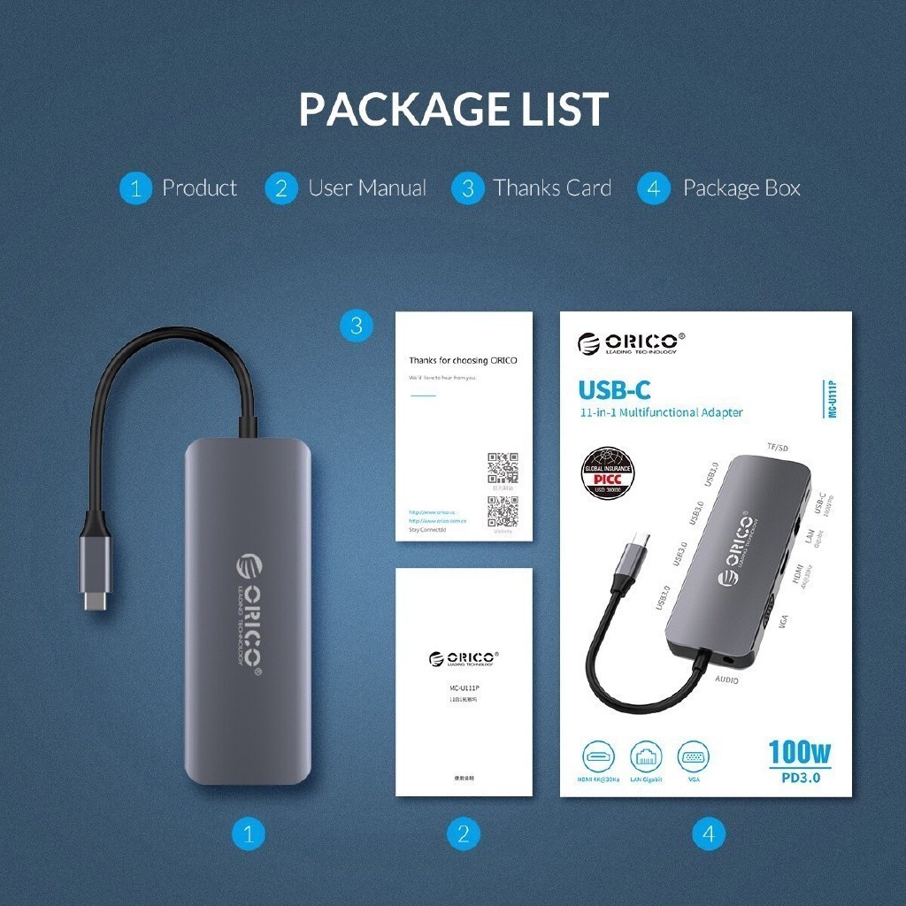 [ออกใบกำกับภาษีได้ E-TAX] ORICO MC-U111P USB-C Docking Station USB3.0 HDMI VGA 100W PD RJ45 Card Reader Audio Adapter