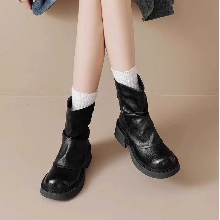 IELGY IELGY รอบ นิ้วเท้า สีทึบรองเท้าผู้หญิง 2025 แพลตฟอร์มอัศวินอังกฤษ มาร์ติน บูต หนัง - รูปที่ 5