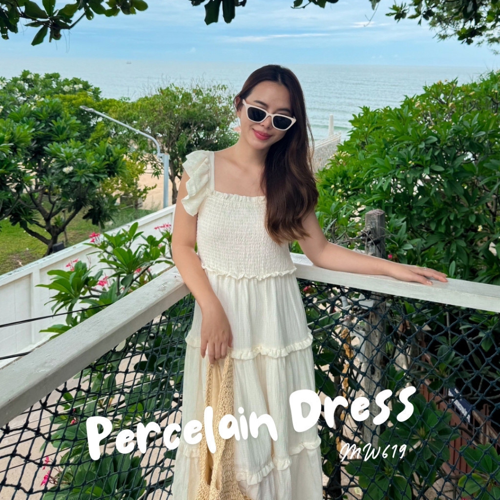 MyWay Brand : Dress - Porcelain ชุดเดรสสีครีม อกยืดได้ สายเดี่ยว