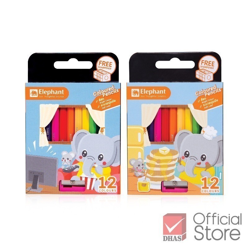 Elephant สีไม้ ดินสอสีไม้ แท่งสั้น 12 สี จำนวน 1 กล่อง