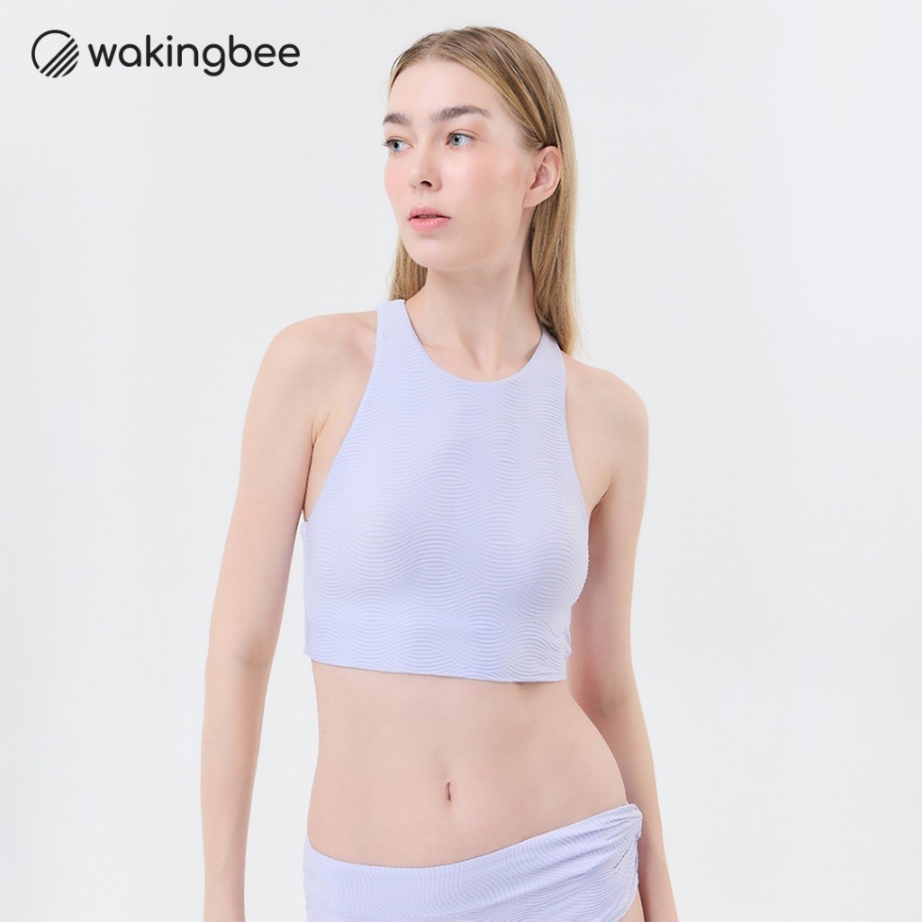 Wakingbee Ripple Crop (Purple) บราว่ายน้ำทรงคร้อป พรางหุ่น เปิดหลังพร้อมสายไขว้ มีตะขอ ผ้ามีลายในตัว กันยูวี แห้งไว