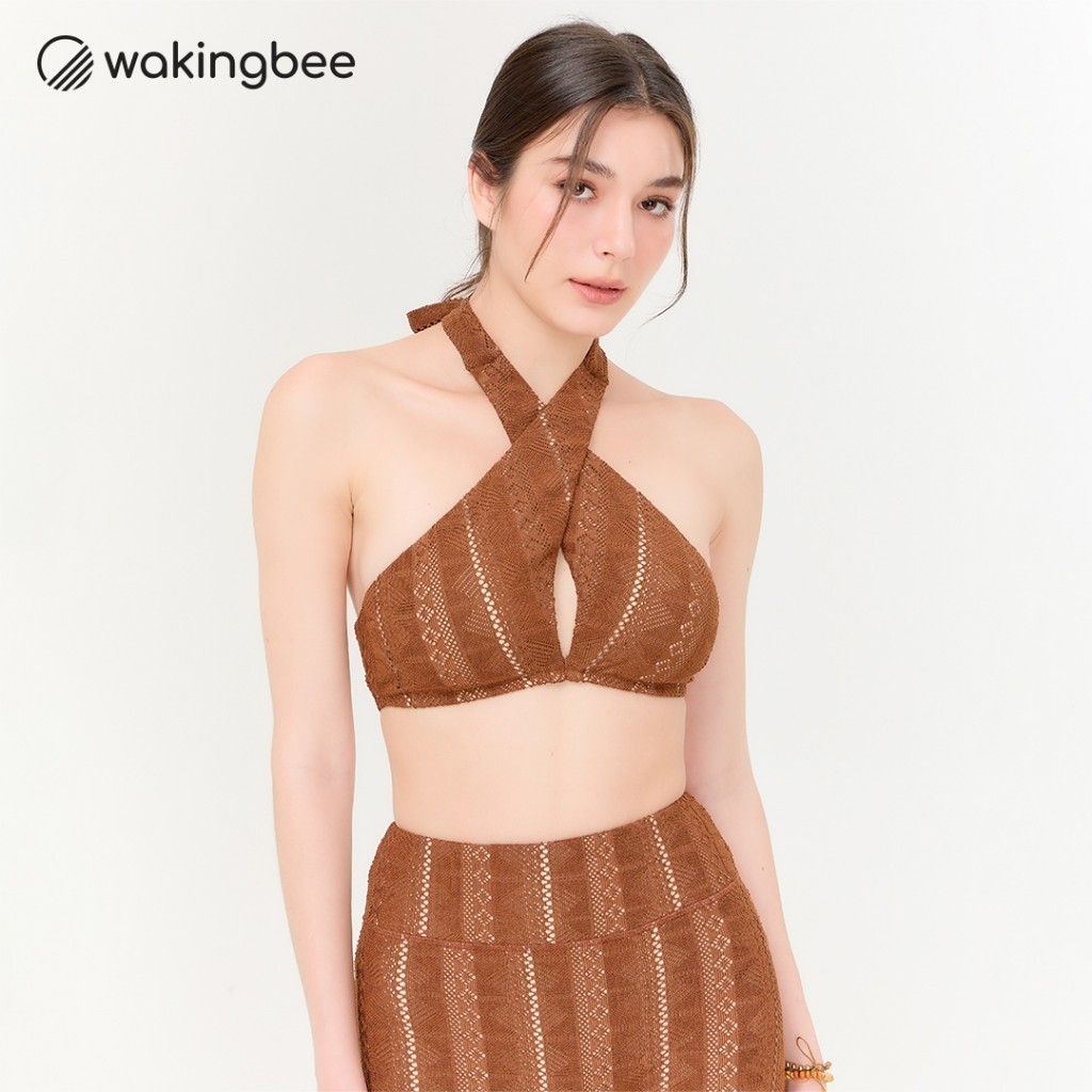 Wakingbee Island Bra (Brown) เสื้อว่ายน้ำ ดีไซน์โบว์ผูกคอ ใส่ได้สองแบบ ทำจากผ้าถักลูกไม้ สไตล์เรียบหรู
