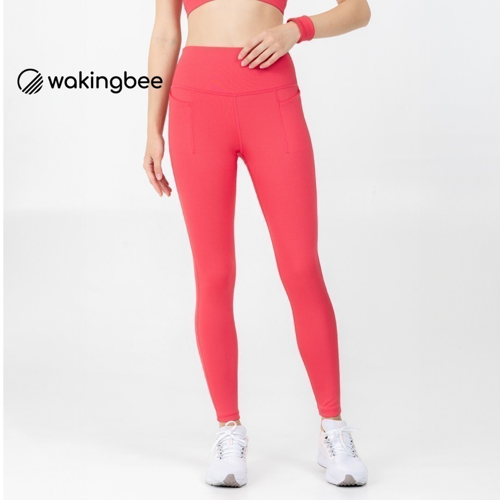 Wakingbee Lola Rib Leggings (Raspberry) กางเกงเลกกิ้ง ออกกำลังกาย ผ้าร่อง เอวสูง พรางหุ่น มีกระเป๋า ผ้ากันยูวี แห้งไว
