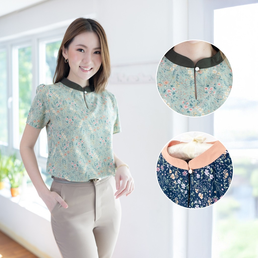 Narinari : NT2503 Mandarin Collar Floral Blouse เสื้อทำงาน เสื้อคอจีน