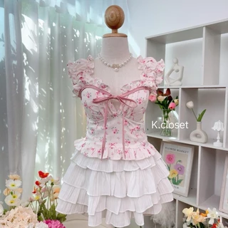 เสื้อครอปแขนตุ๊กตาผ้าพิมพ์ลาย สาวอวบใส่ได้อก 38 โทนหวานละมุนมากค่า ผู้หญิง Women Clothing (เสื้ออย่างเดียว)