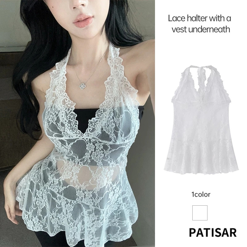 เซ็กซี่ Camisole ลูกไม้แขวนคอเสื้อกั๊กผู้หญิง Slim FITTING เสื้อแขนกุด Bottoming PR ราคา ถูกที่สุด ดีลบีเคเค