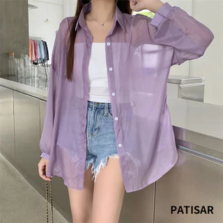 เสื้อเชิ้ตสีพื้น ทรงหลวม เสื้อเชิ้ต แขนยาว สื้อป้องกันแสงแดด สไตล์เกาหลี แฟชั่นฤดูใบไม้ผลิ ผ้ามีแวววาว PR
