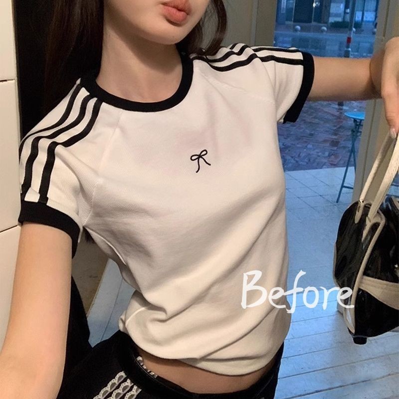 เสื้อยืดแขนสั้นปักโบว์สีตัดกันเสื้อยืดแขนสั้นผู้หญิงอเนกประสงค์ BF