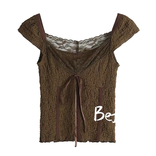 เสื้อยืดโบว์ลูกไม้สไตล์ฝรั่งเศสผู้หญิง Niche คอวีแขนสั้นเสื้อยืดสลิมฟิตสั้นด้านบน BF