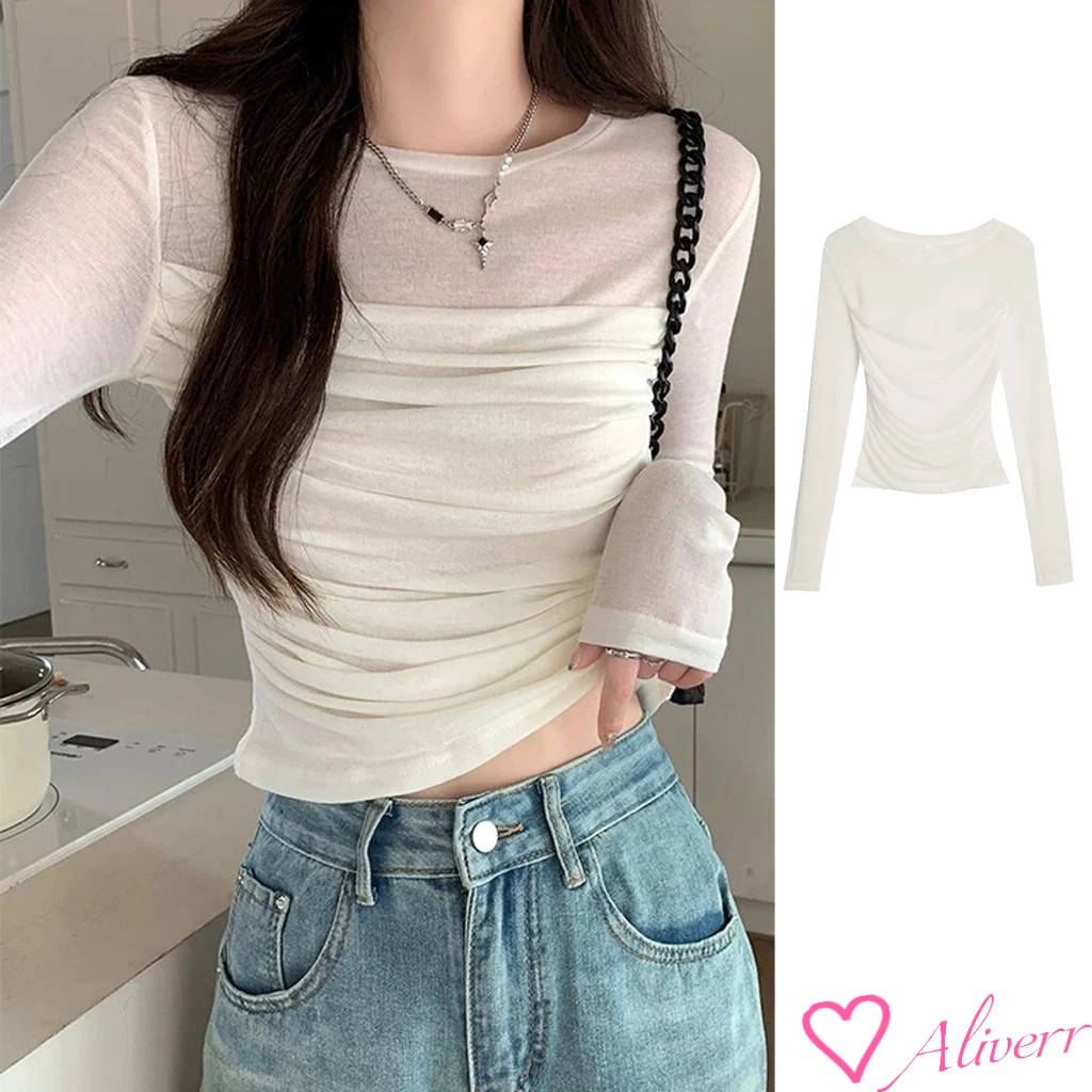 🎀จัดส่งทันที🎀เสื้อยืดแขนยาว ผ้าตาข่าย แฟชั่นสําหรับผู้หญิง LIVE