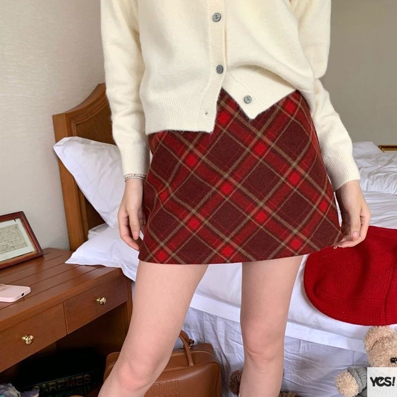 Retro Check กระโปรงเอวสูงสาวร้อนกระโปรงสั้นเซ็กซี่ A-Line สะโพกห่อกระโปรง YES